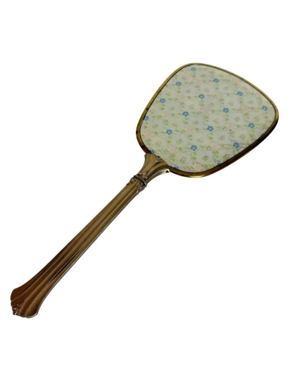 Vanity Hand Mirror Boudoir Decor Blue Floral VTG Brass Tone Hollywood Regency